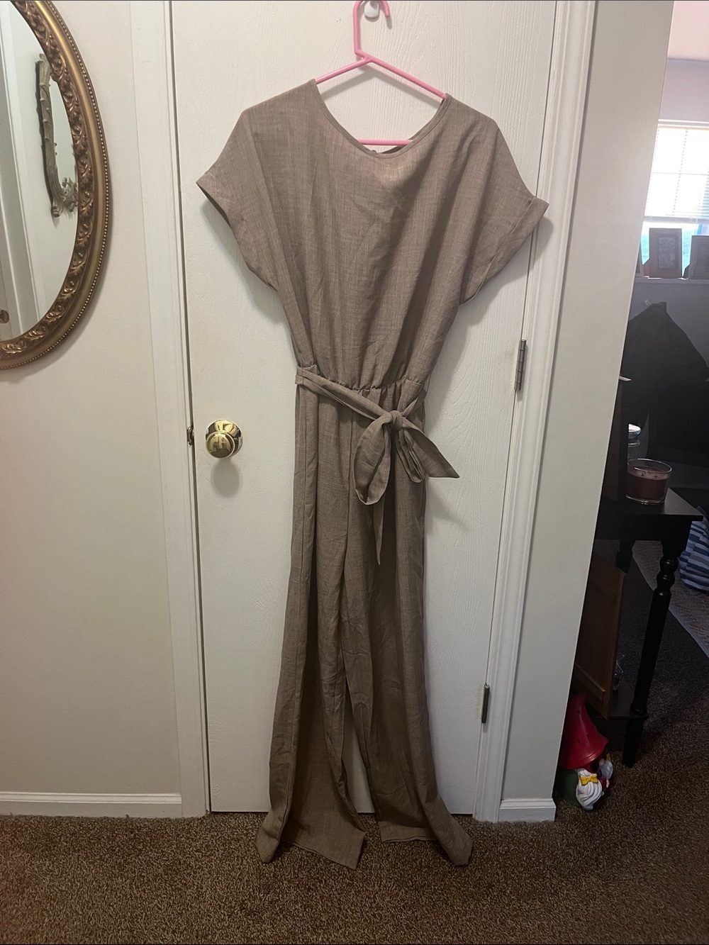 SHEIN Taupe Tie-Waist Wide-Leg Jumpsuit